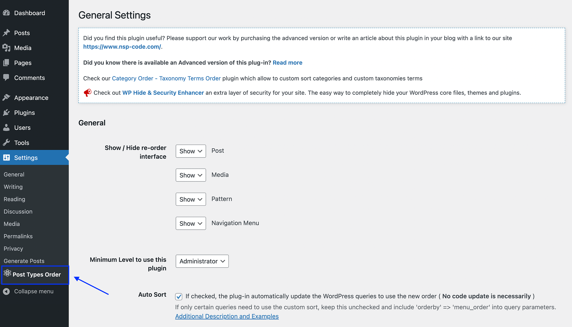 Plugin-Einstellungen für die Reihenfolge der Beitragstypen