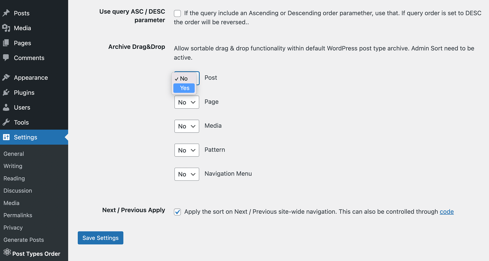 Cambiar la configuración de visibilidad para la configuración del orden de tipos de publicaciones