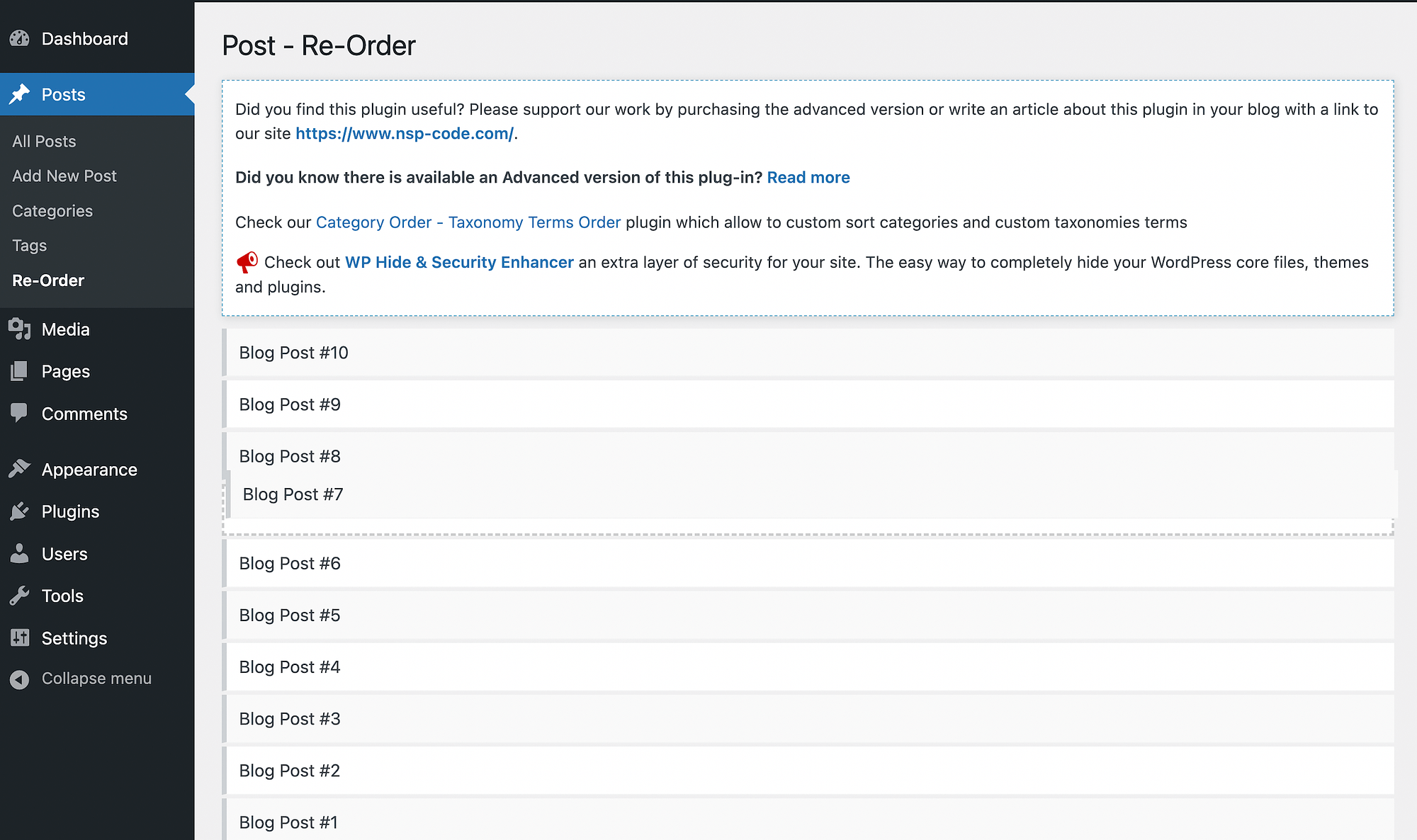 L'interface Post Re-Order du plugin