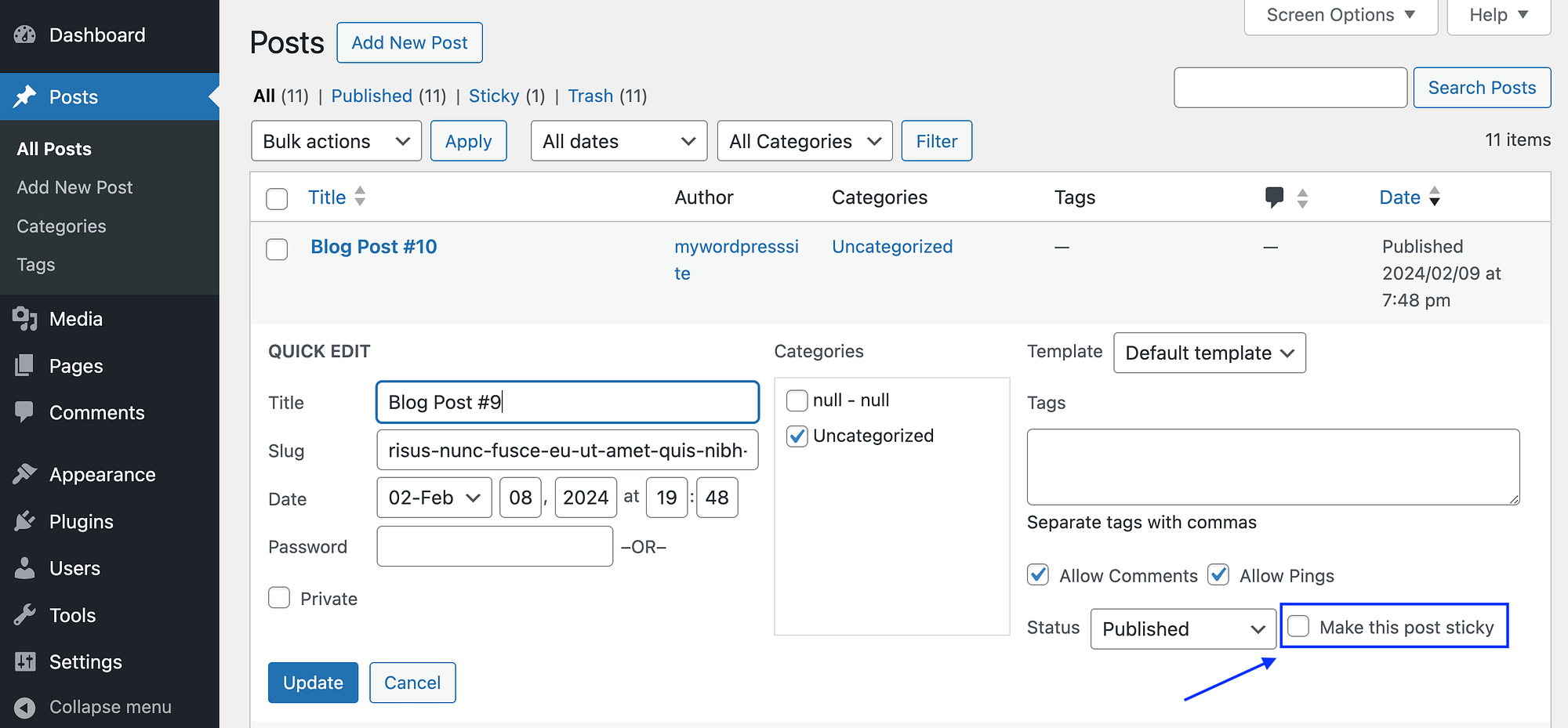 Tornando uma postagem de blog WordPress fixa usando as opções de edição rápida