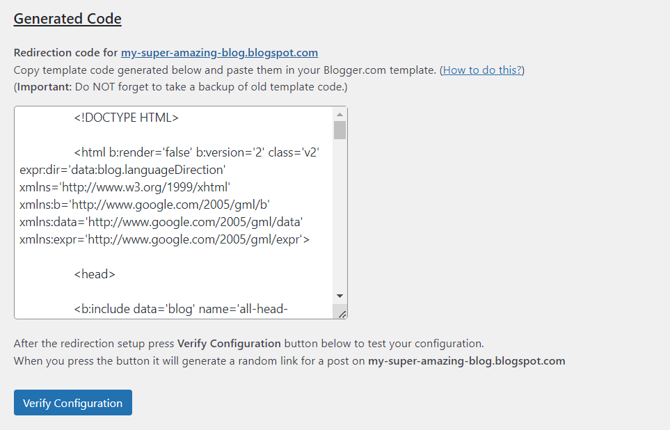 Il codice generato per la migrazione da Blogger al reindirizzamento di WordPress