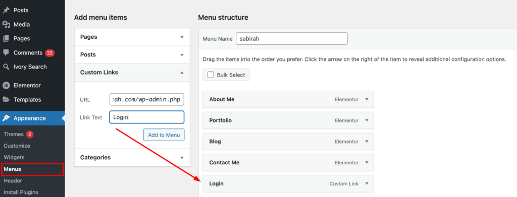 Uno screenshot per aggiungere il menu di accesso al tuo sito WordPress