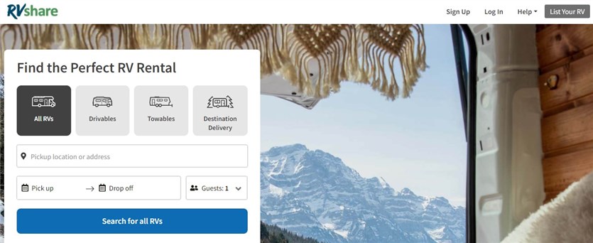Screenshot della home page del marketplace RVShare per noleggiare il tuo camper.