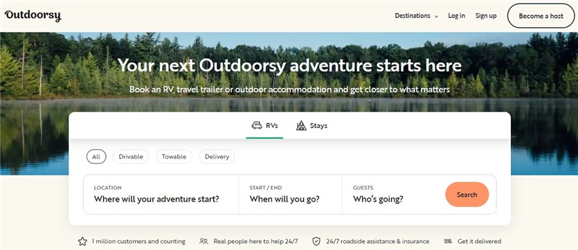 Screenshot del mercato di noleggio di Outdoorsy per noleggiare il tuo camper.