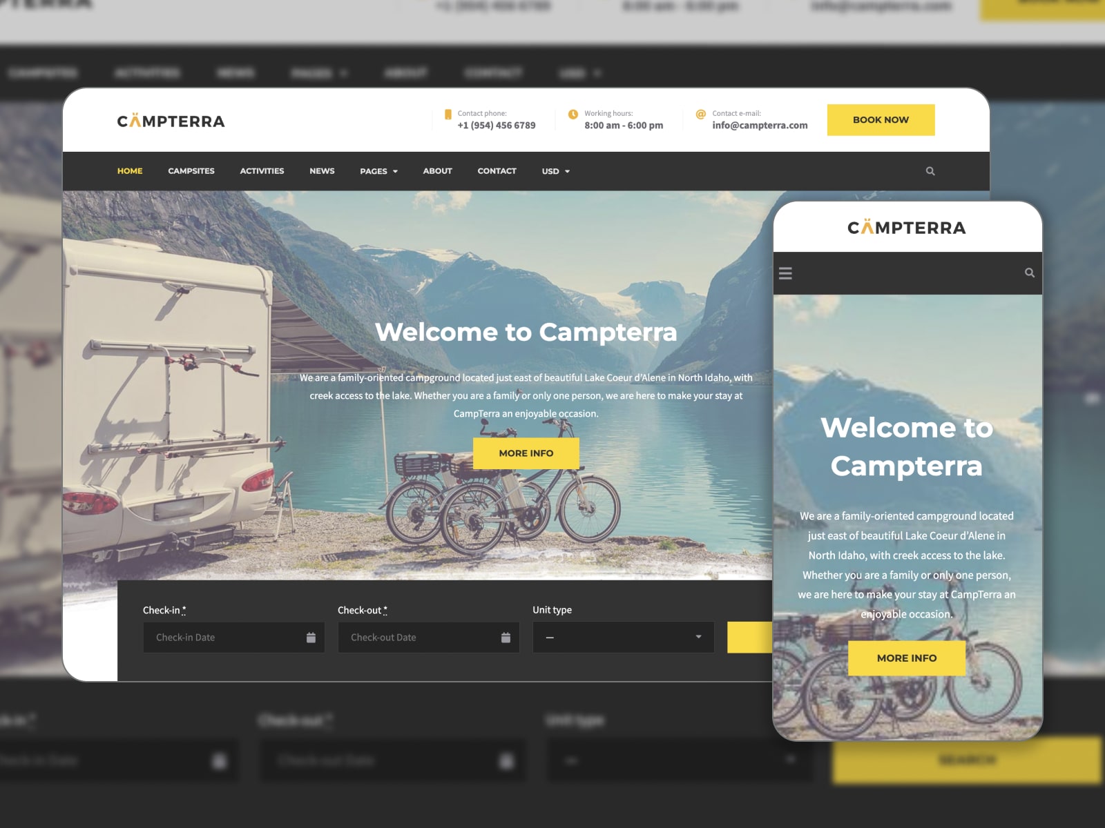 เว็บไซต์สาธิตธีม WordPress ของ Campterra Camping ในสีฟ้า เหลือง และขาว