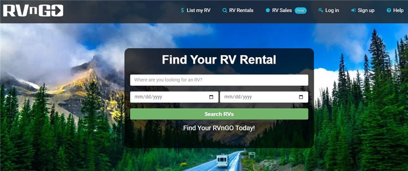 Screenshot della homepage di RVnGO per noleggiare il tuo camper su un mercato di noleggio.
