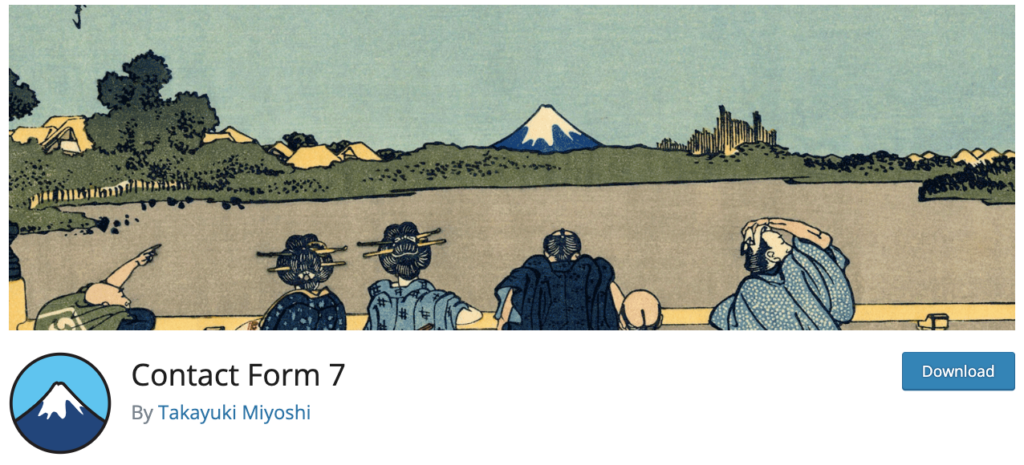 Imagen de encabezado de Contact Form 7 que muestra una ilustración tradicional japonesa de estilo ukiyo-e con figuras mirando hacia el Monte Fuji, que representa el tema cultural del complemento, junto con el logotipo de Contact Form 7 y el botón de descarga.