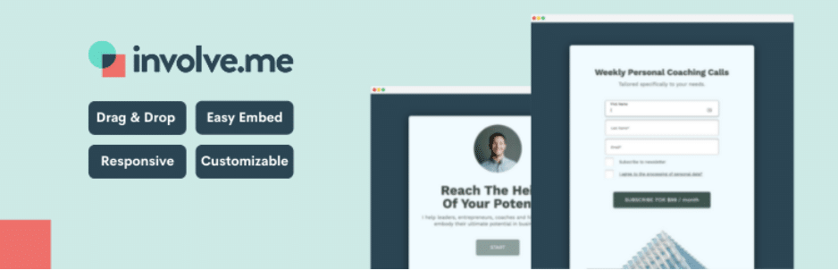 Un banner cu sigla involve.me cu beneficii cheie precum „Drag & Drop”, „Easy Embed”, „Responsive” și „Personalizabil”. Este afișat un exemplu de formular personalizat de înscriere pentru apeluri de coaching, evidențiind ușurința platformei de a crea formulare online captivante. Este prezentată ca una dintre cele mai bune alternative Gravity Forms.