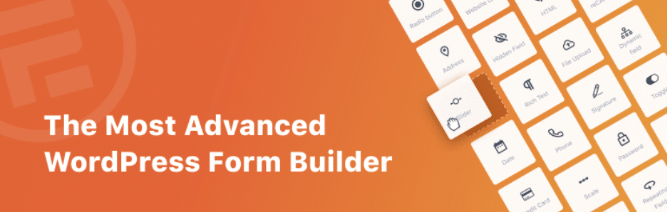 Werbebanner für einen WordPress-Formular-Builder, Formidable Forms, der verschiedene Formularfeldsymbole wie Kontrollkästchen, Optionsfelder und Textfelder mit dem Titel „The Most Advanced WordPress Form Builder“ präsentiert – eine leistungsstarke Alternative zu Gravity Forms.