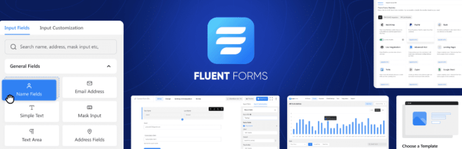 Fluent Forms のロゴとプラグインのフォーム フィールドと分析のさまざまなインターフェイス スクリーンショットをフィーチャーしたコラージュで、カスタム フォームの作成と直感的なフォーム ソリューションとしてのデータ分析に関するソフトウェアの機能を強調しています。