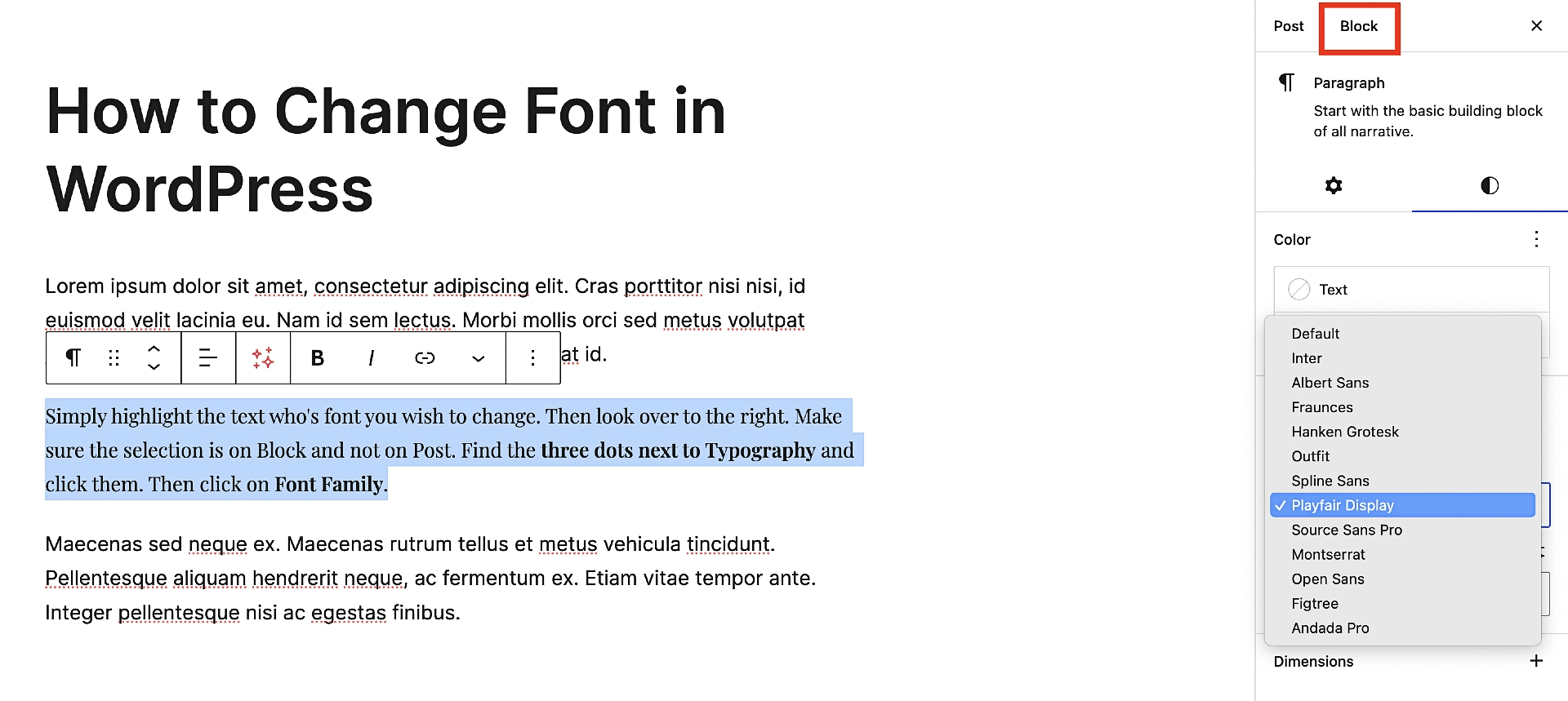 Mostrando como alterar fontes localmente no editor de blocos.