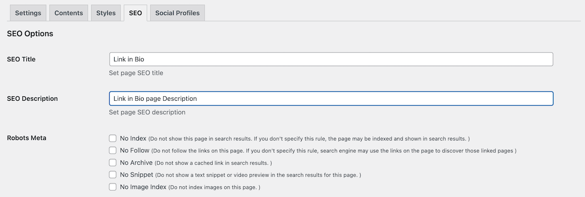 Ustawienia SEO strony z linkiem Bio