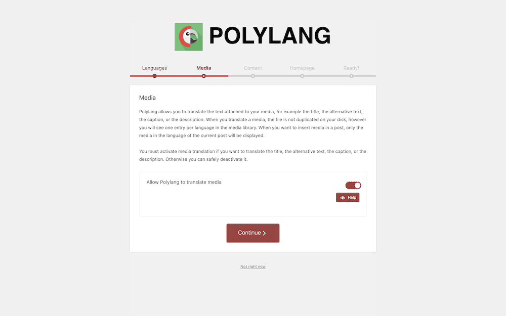 วิซาร์ดการเริ่มต้นใช้งาน Polylang ที่แสดงหน้าจอสื่อ