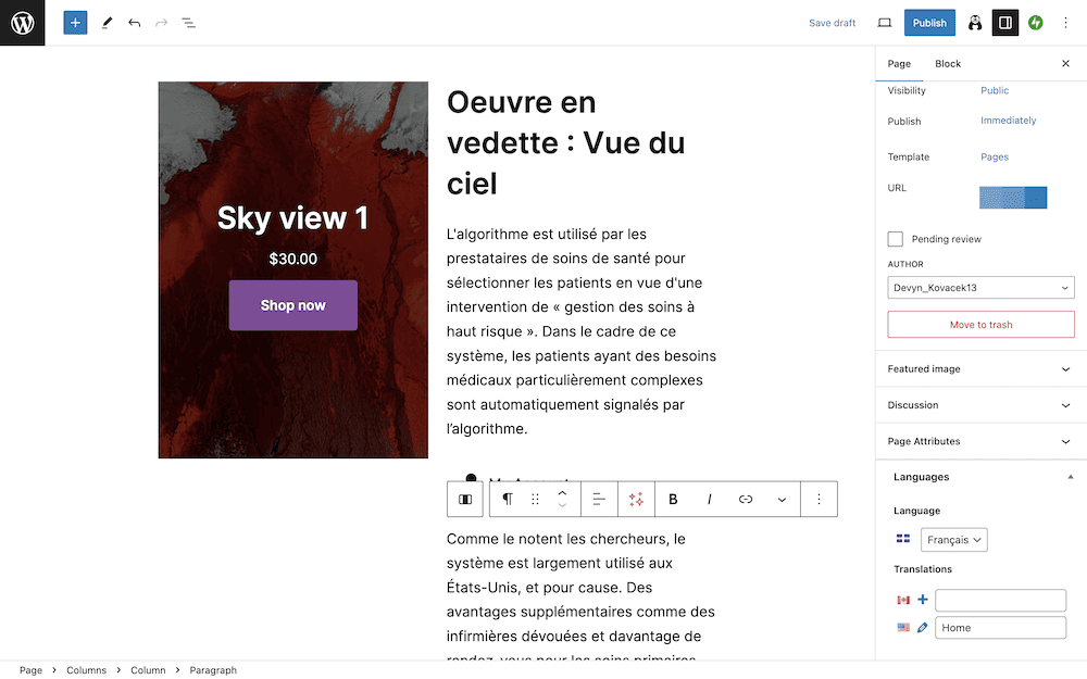 Uma página do Block Editor que mostra conteúdo em francês pronto para publicação.