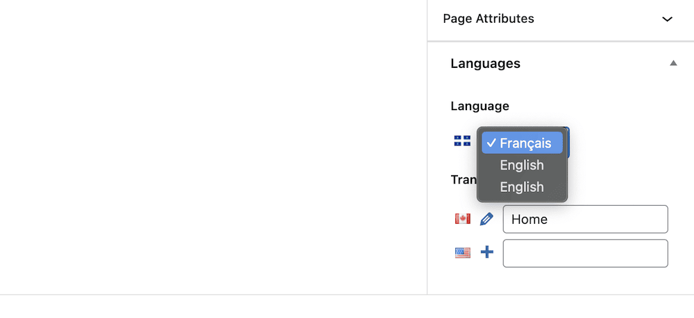 Uma parte da barra lateral do Block Editor, mostrando a seção Polylang Languages, completa com uma escolha de idiomas.