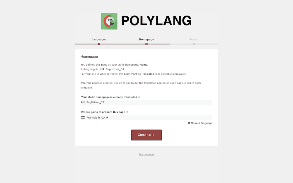 วิซาร์ดการเริ่มต้นใช้งาน Polylanf ที่แสดงข้อมูลเกี่ยวกับการแปลโฮมเพจ