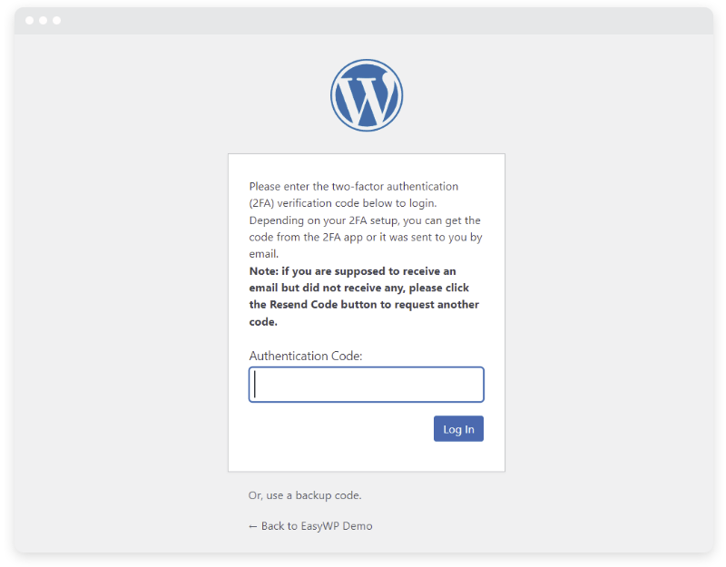 WordPress'te 2FA kod giriş ekranı