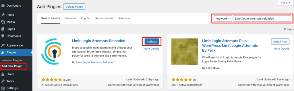 このスクリーンショットは、Limit Login Attempts Reloaded プラグインをインストールしてアクティブ化する方法を示しています。
