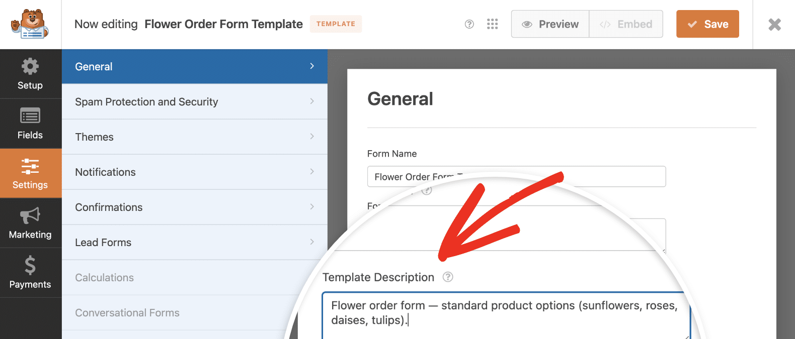 Editing the template description for a custom template