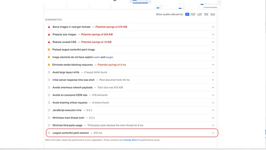 PageSpeed Insights Diagnostics Report