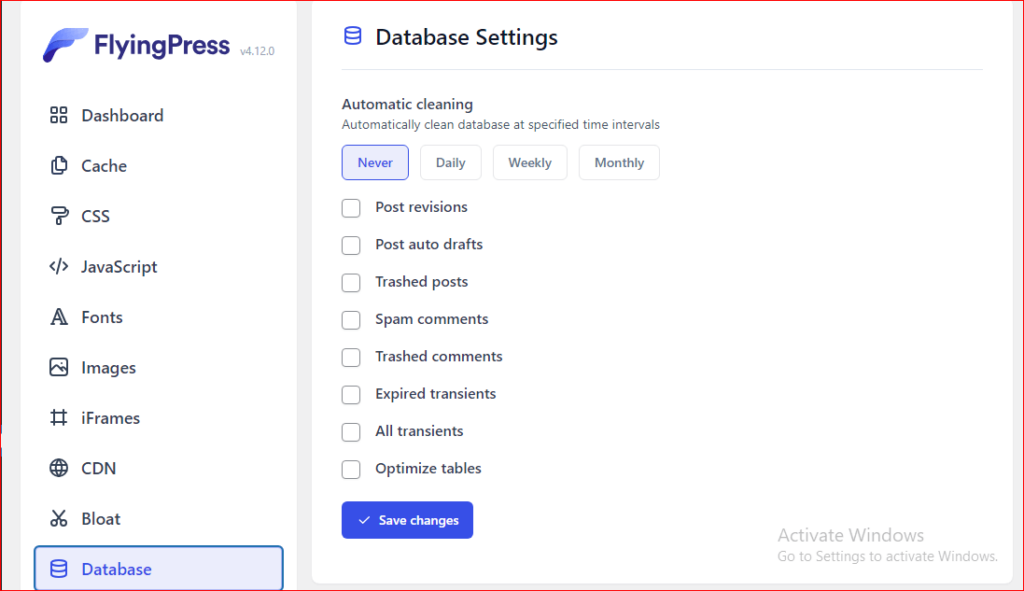 configurações de banco de dados limpo