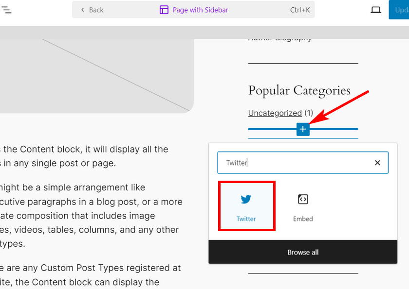 choisissez le bloc Twitter pour afficher les tweets - afficher les tweets récents dans wordpress