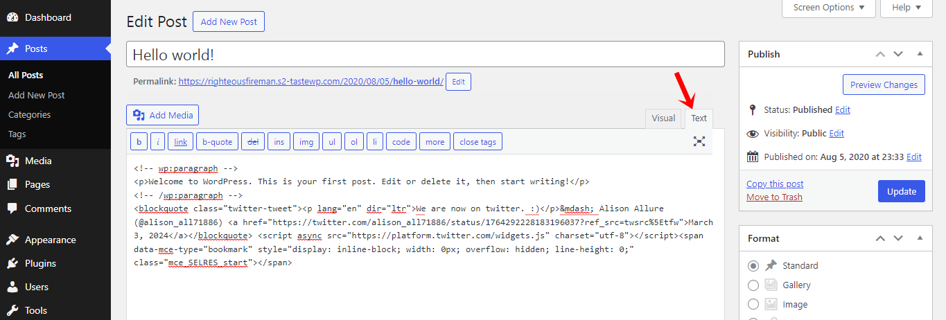 coller le code d'intégration de la publication Twitter