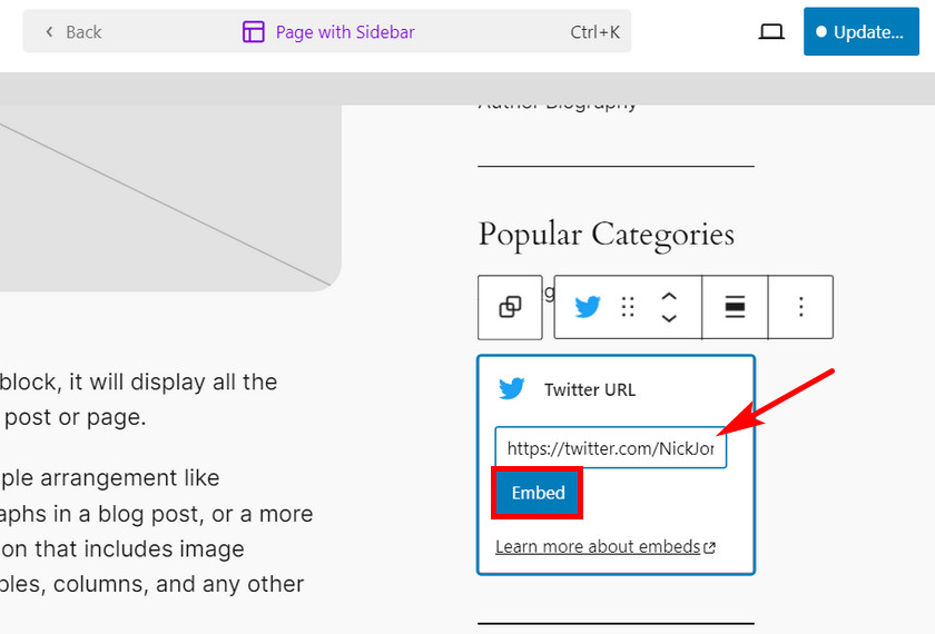 incorpora l'URL del profilo Twitter nella barra laterale: mostra i tweet recenti in WordPress