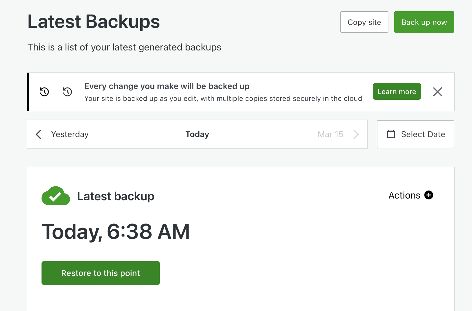 lista dos backups mais recentes do Jetpack