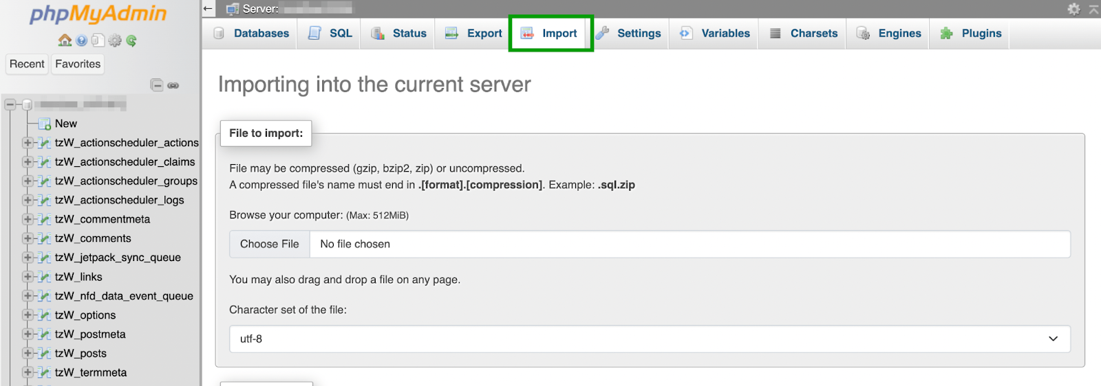 importare un database