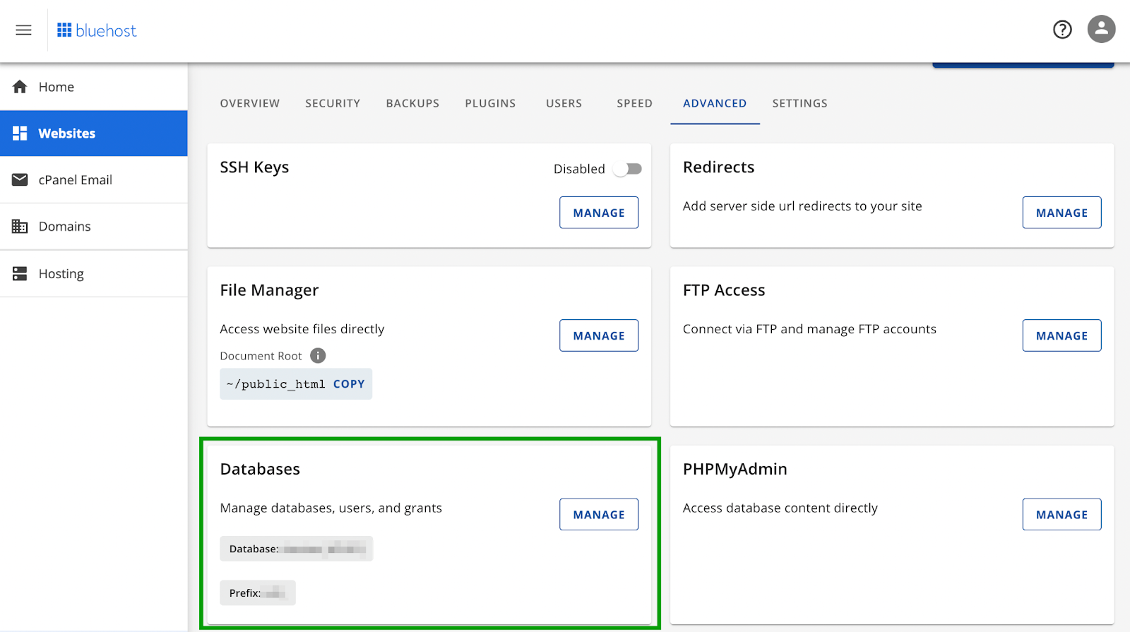 ホスティング環境でのデータベース オプションの管理