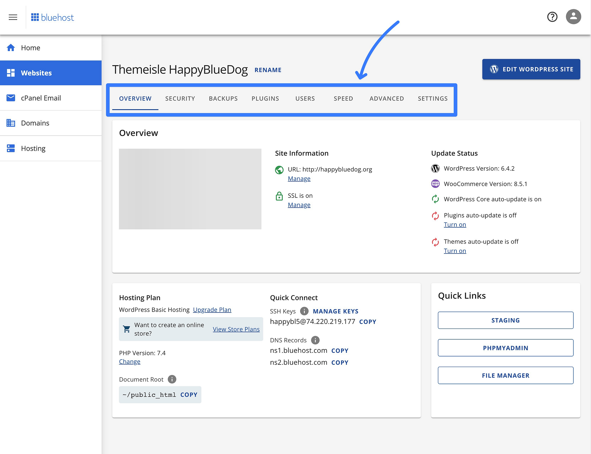 Benutzerdefiniertes Bluehost-Dashboard.