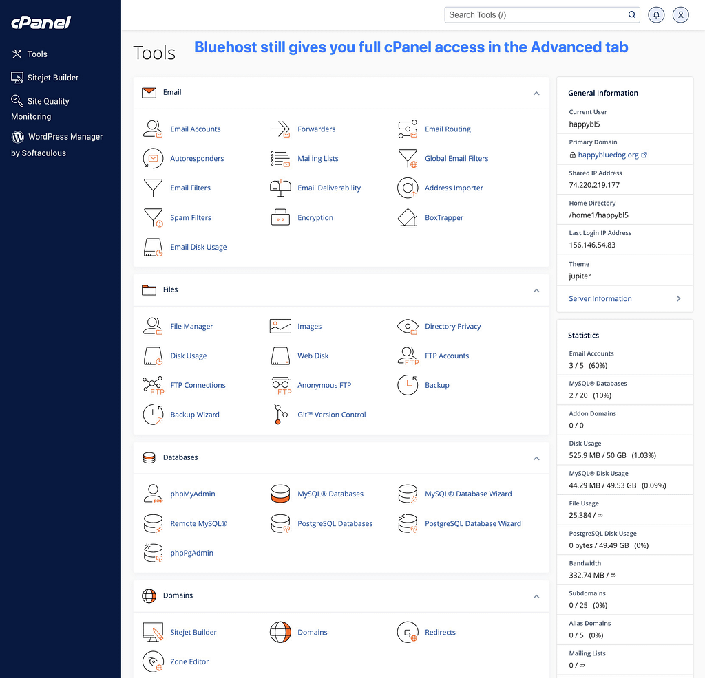 Bluehost 完全 cPanel 访问权限。