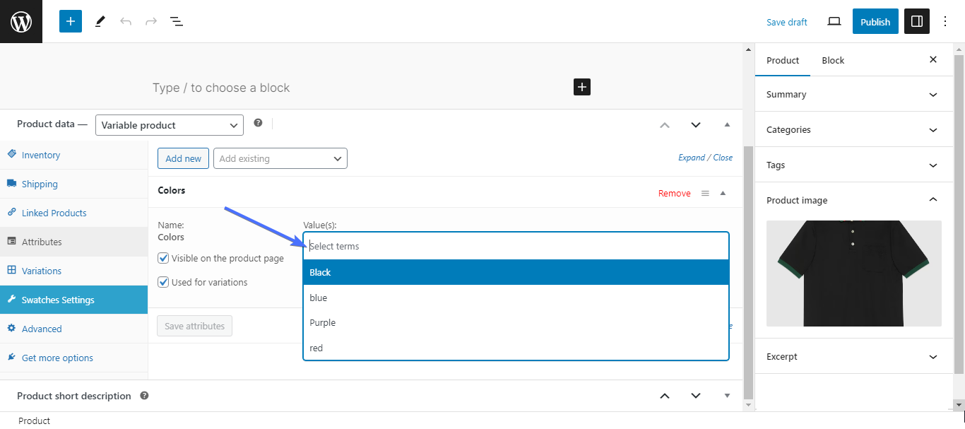 Cores de variação do produto WooCommerce