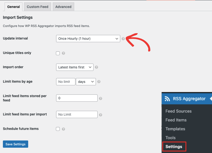 Configurações gerais no feed RSS