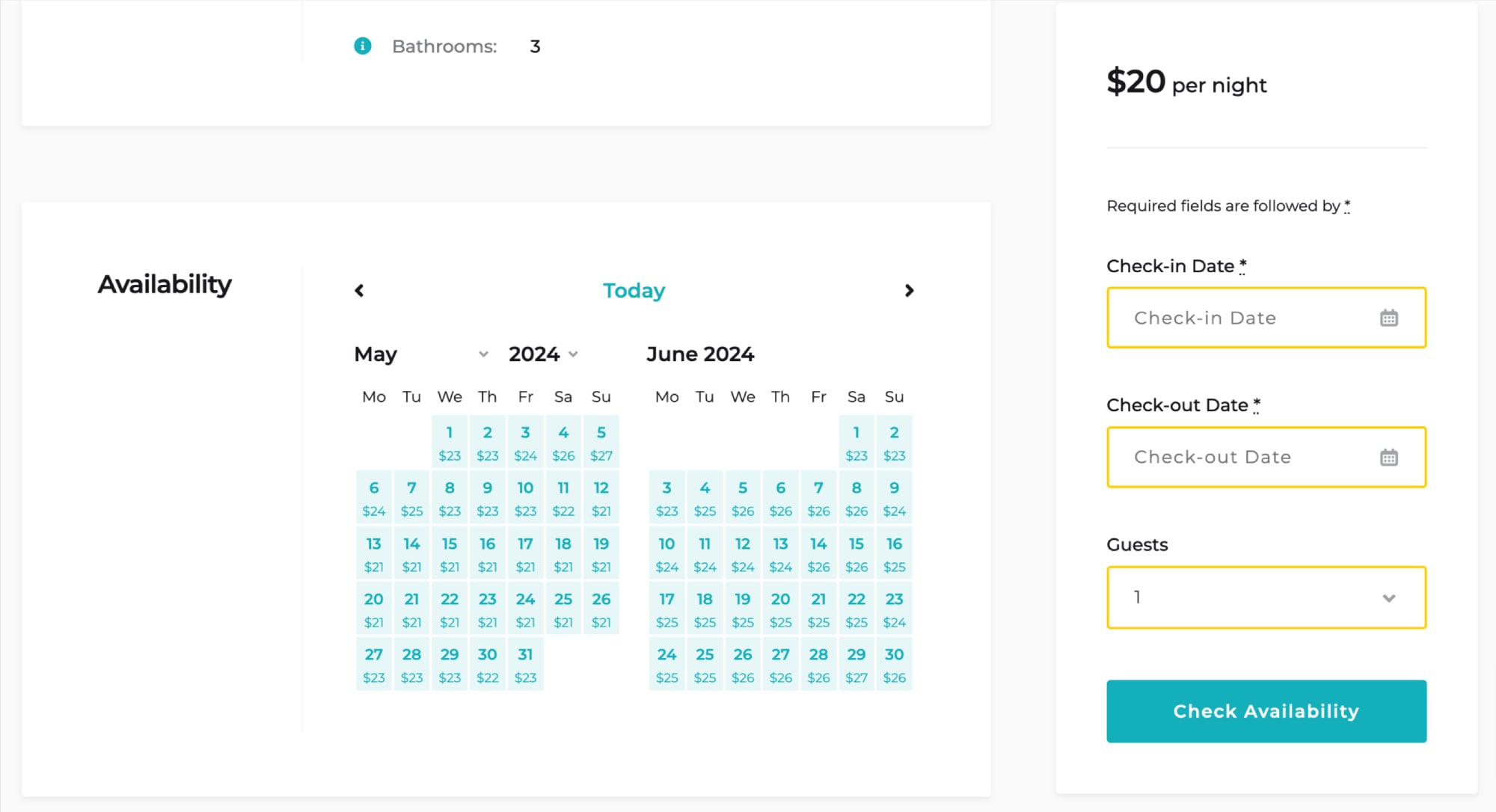 Preis-Frontend für den Hotelbuchungskalender.