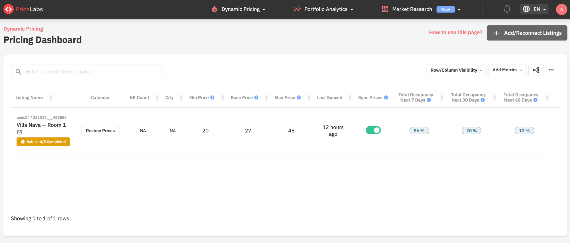 Listes du tableau de bord PriceLabs.