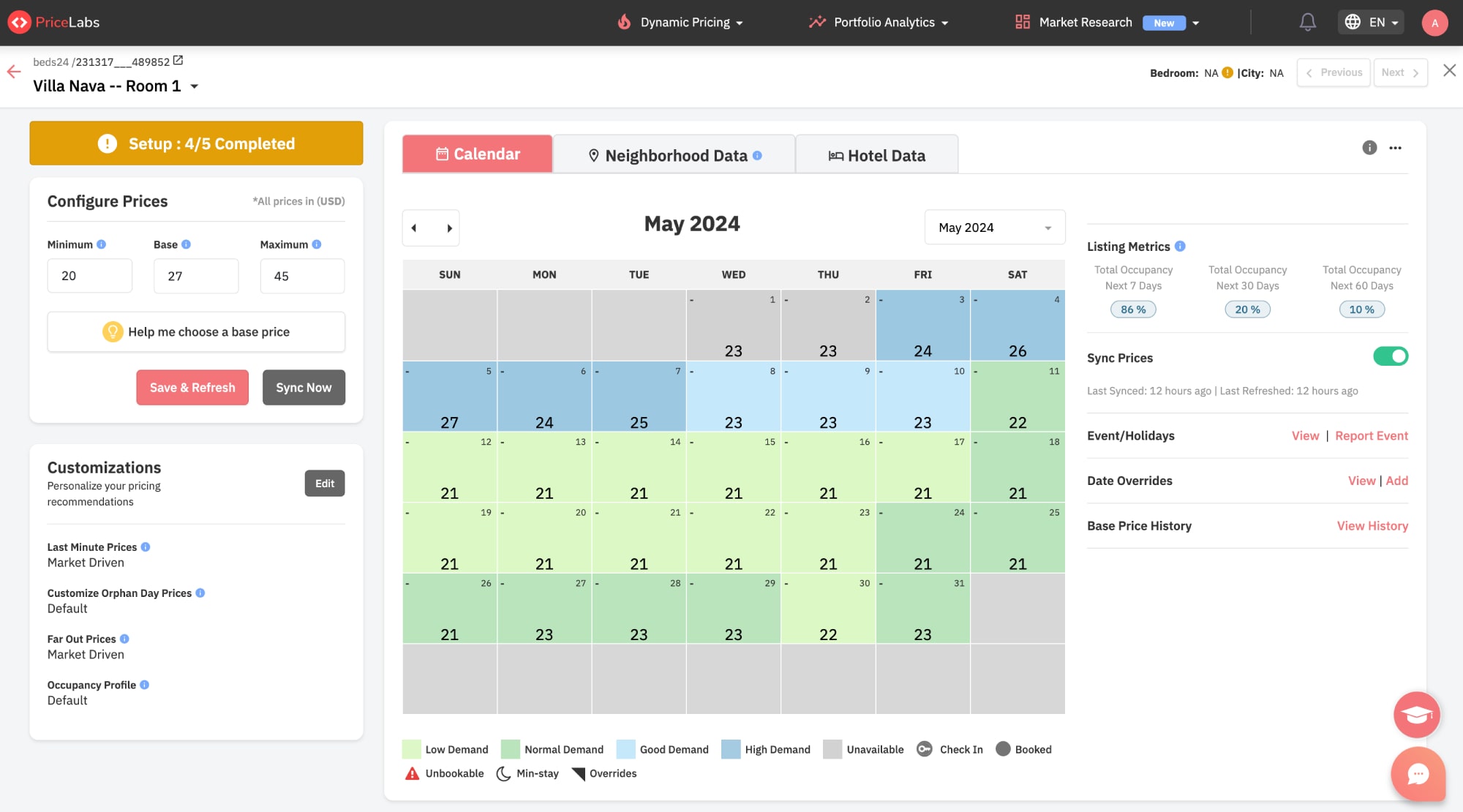 Kalendarz cen PriceLabs-Dashboard.