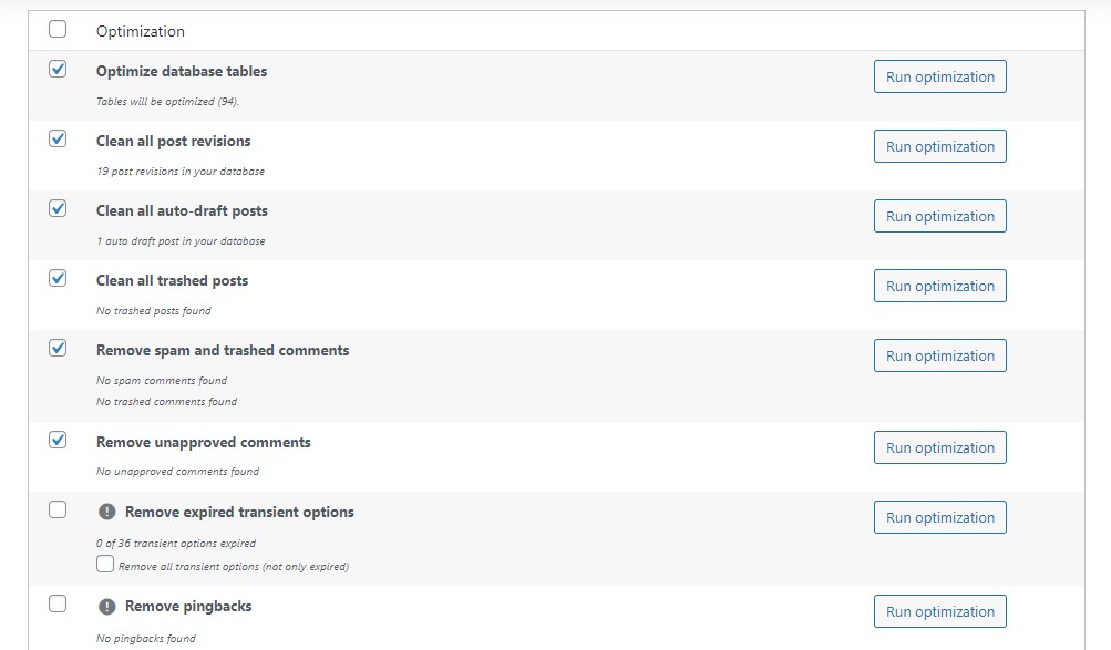 WP-Optimize Veritabanı Temizleme