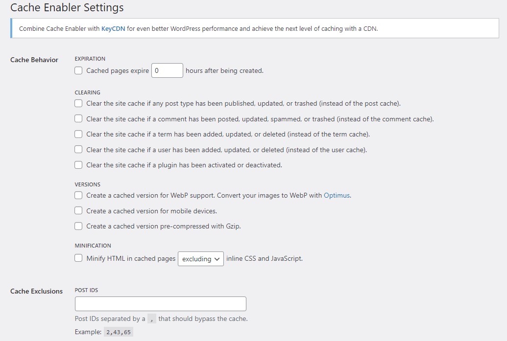 Configurações do ativador de cache