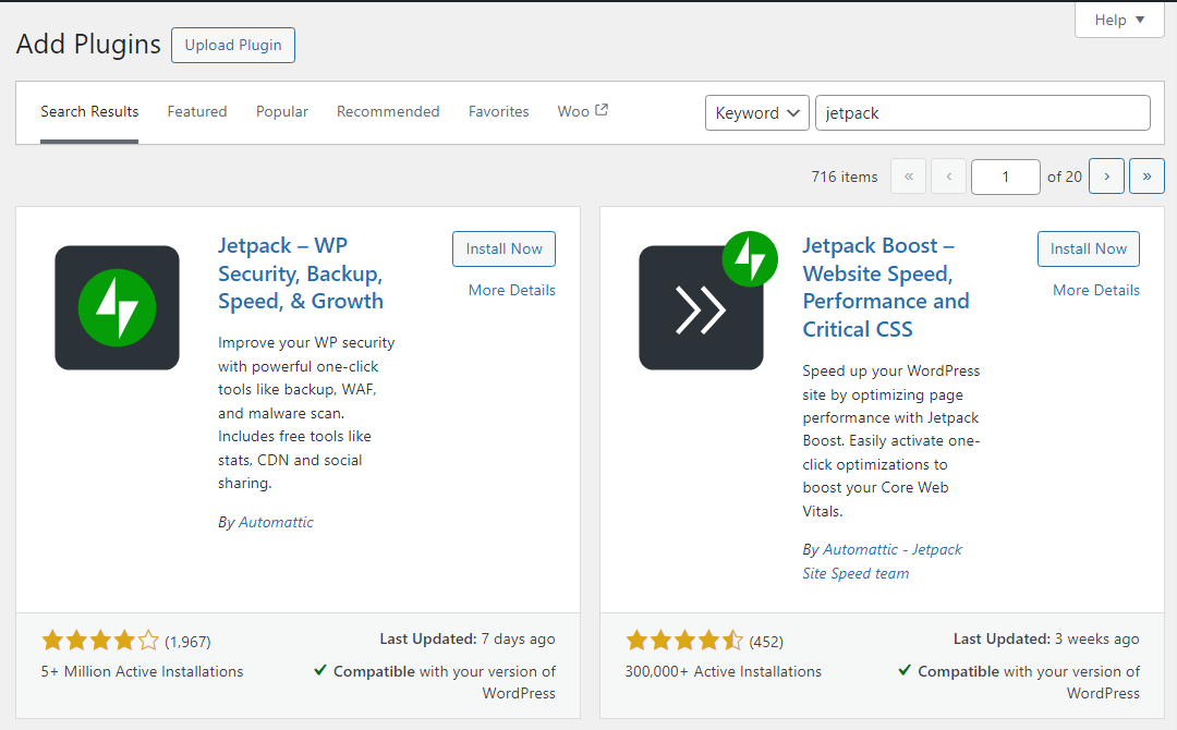 Plugin Jetpack elencati nella dashboard di WordPress