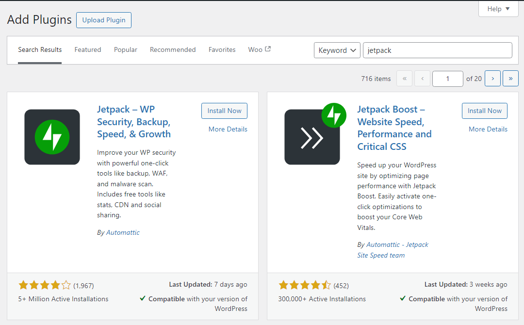 Plugin Jetpack terdaftar di dashboard WordPress