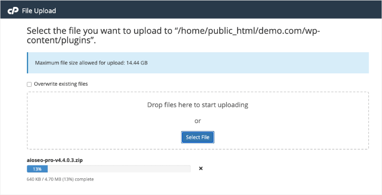 Datei-Upload in cPanel läuft