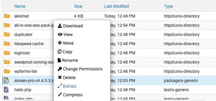 Extrahieren Sie die Plugin-Datei in cPanel