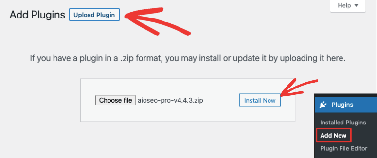 อัปโหลดปลั๊กอิน AIOSEO ใน WordPress