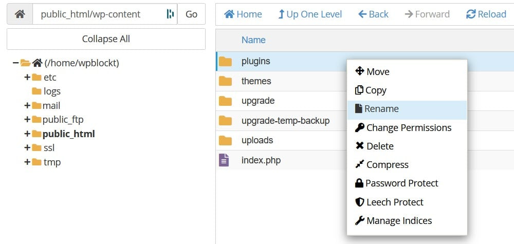 Ganti nama folder plugin di File Manager