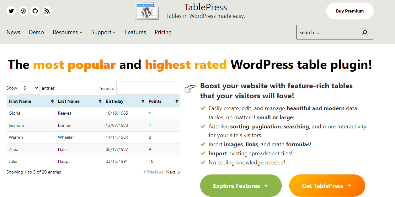 TablePress เป็นปลั๊กอินตาราง WordPress ที่ครอบคลุมที่มาพร้อมกับการเรียงลำดับแบบสด การแบ่งหน้า ฟังก์ชั่นการค้นหา และคุณสมบัติอื่น ๆ