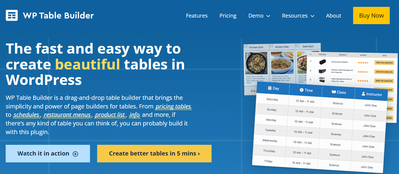 您可以使用 WP Table Builder 建立定價表、餐廳菜單、課程表等。