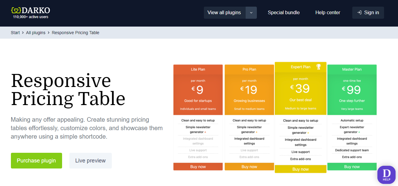 Responsive Pricing Table es otro complemento que podrías considerar si vendes planes o suscripciones.