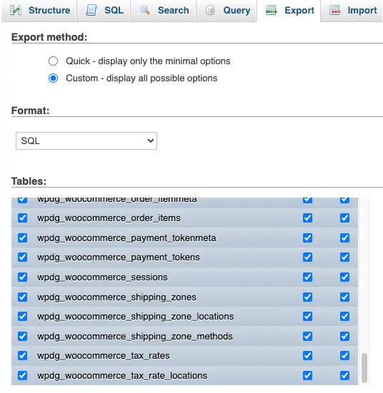 Guia de exportação no phpMyAdmin